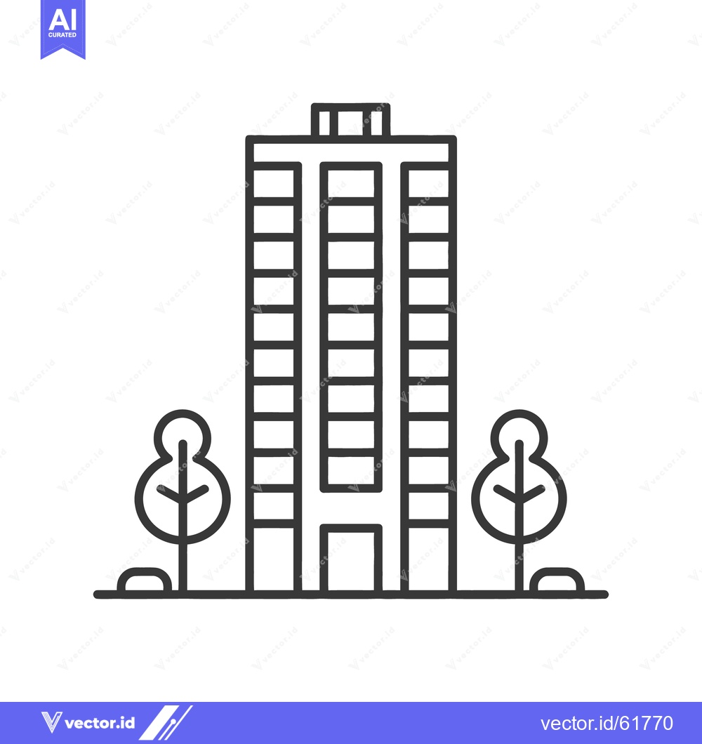 Premium Vector of Tall apartment building icon surrounded by two stylized leafy trees