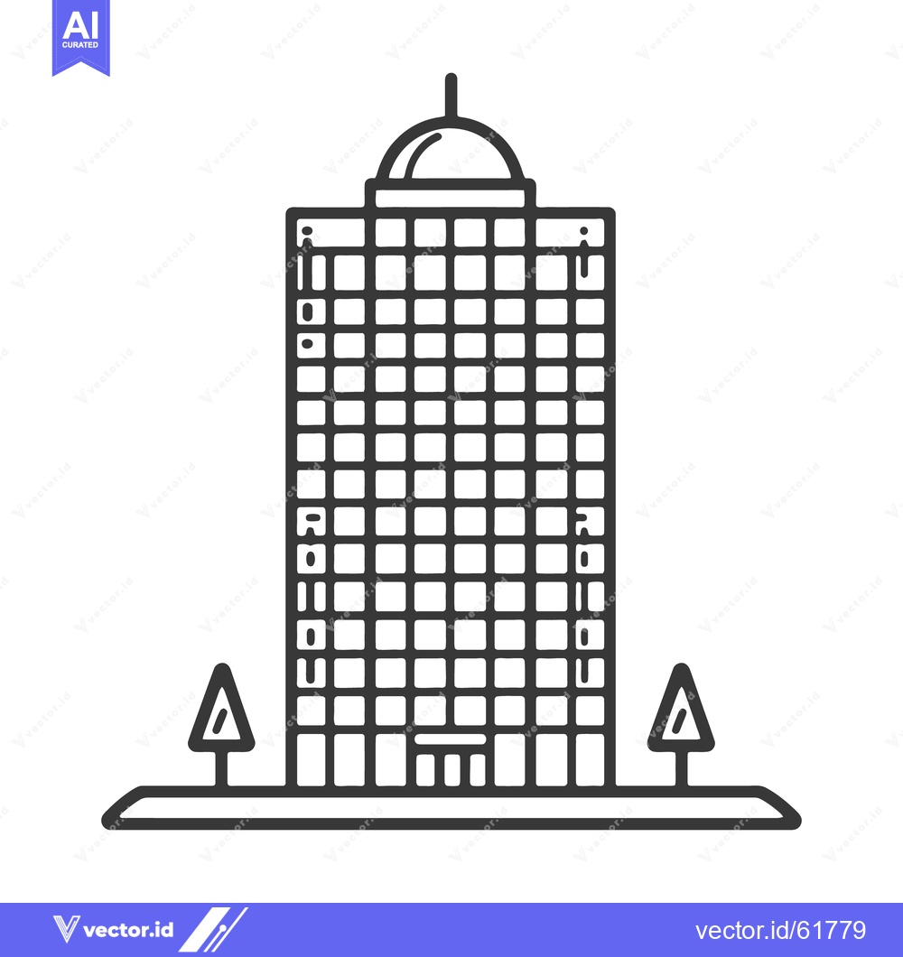 Premium Vector of Black and white illustration of a tall office building with trees