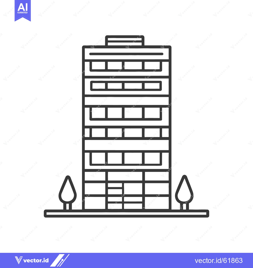 Premium Vector of A tall linear illustrated building with multiple windows and two trees