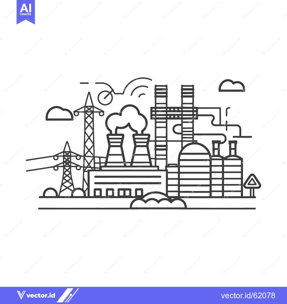 Premium Vector of Illustration depicts an industrial plant with power lines and clouds
