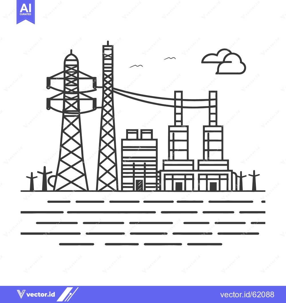 Premium Vector dari An industrial plant with power towers and overhead power lines