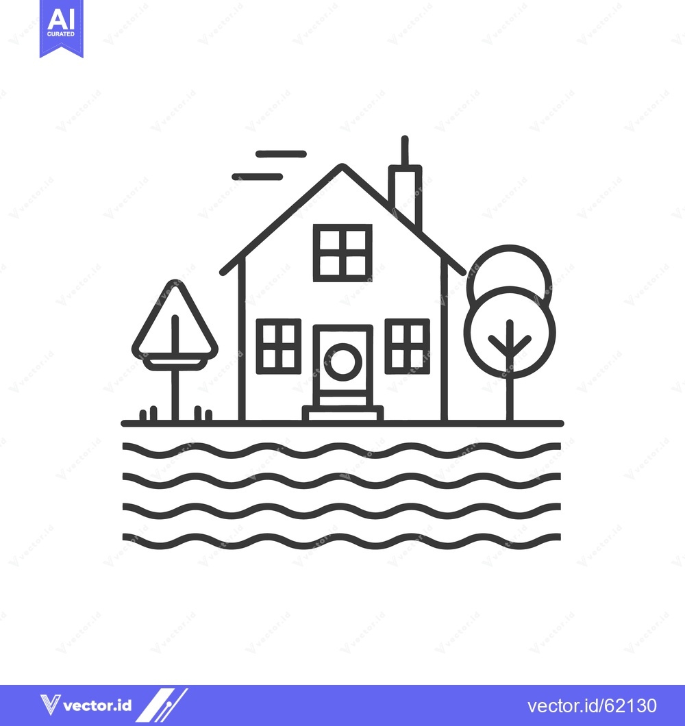 Premium Vector dari A house experiencing flooding with surrounding trees and warning sign