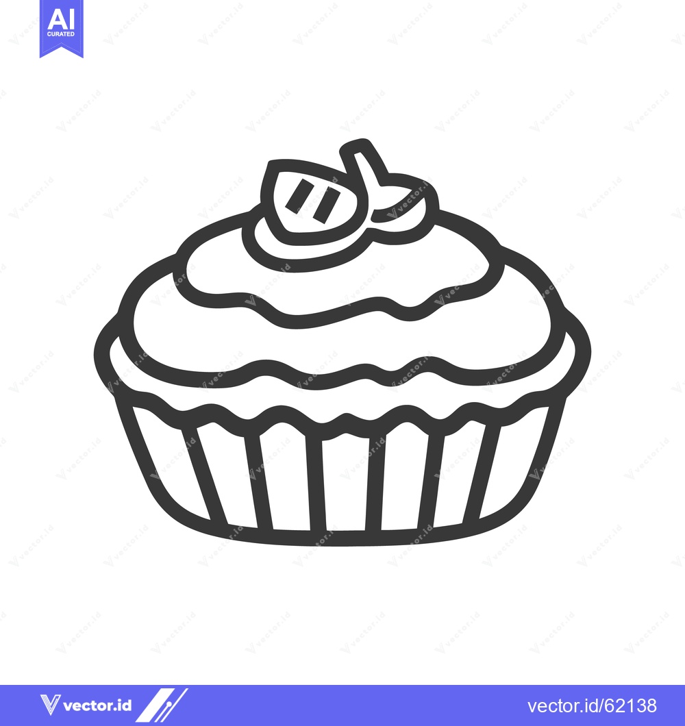 Premium Vector of A simple outline drawing depicts a delicious frosted cupcake dessert