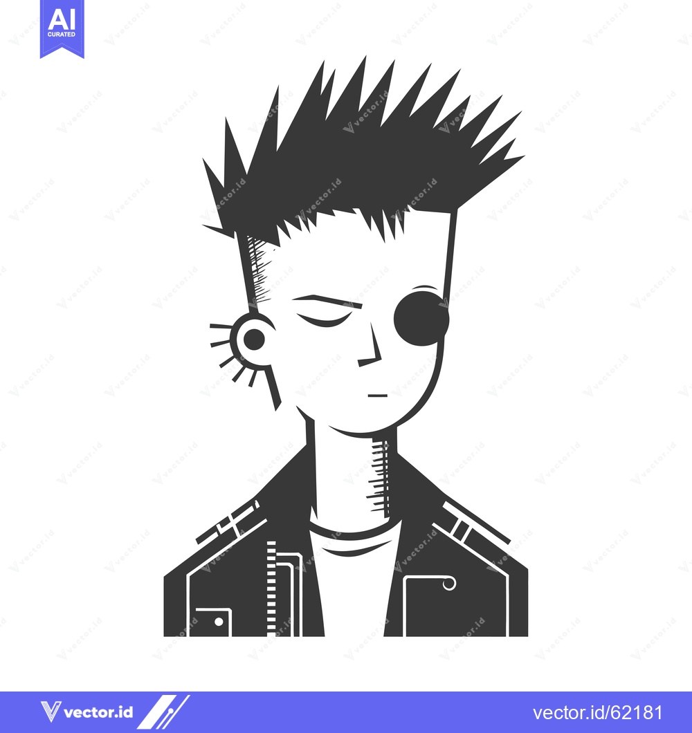 Premium Vector of Monochromatic Illustration of a Punk Rock Teenager with Spiky Hair, Ea