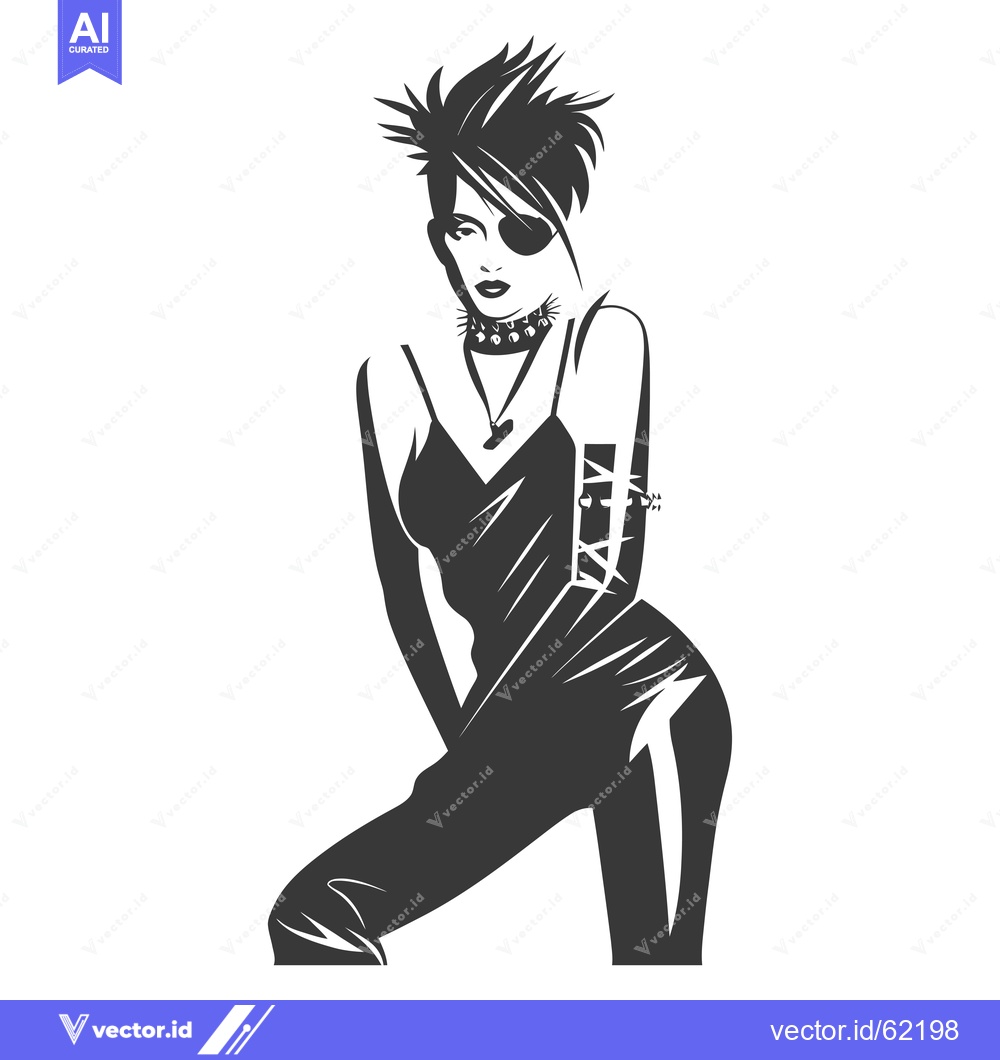 Premium Vector of Black and White Illustration of a Woman with Spiky Hair and an Eyepatc