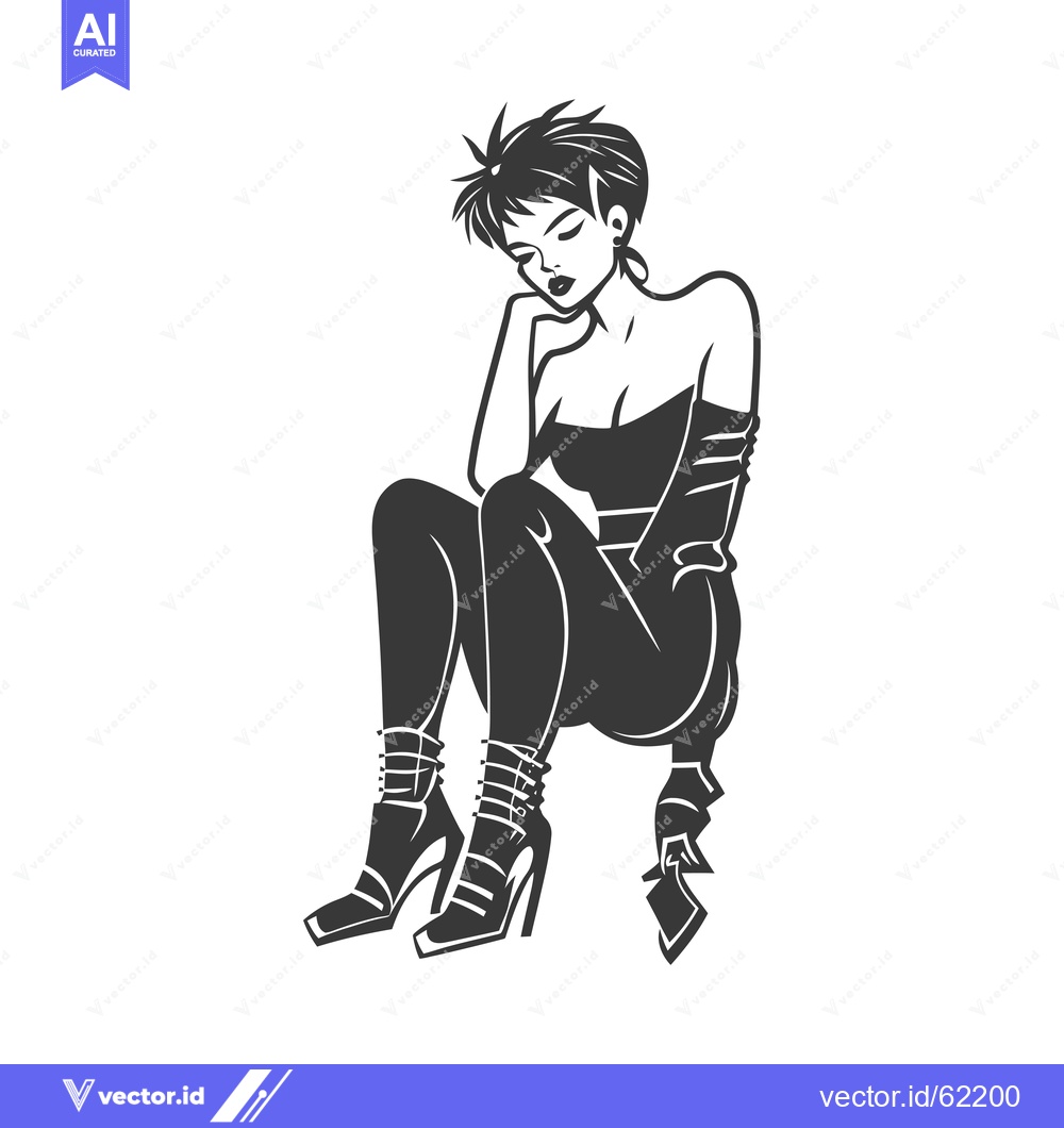 Premium Vector of Black and White Illustration of a Woman Sitting with Short Hair