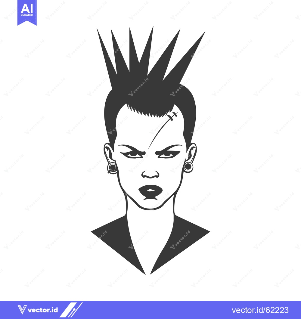 Premium Vector dari A monochrome portrait of a punk woman with a spiky mohawk and piercing