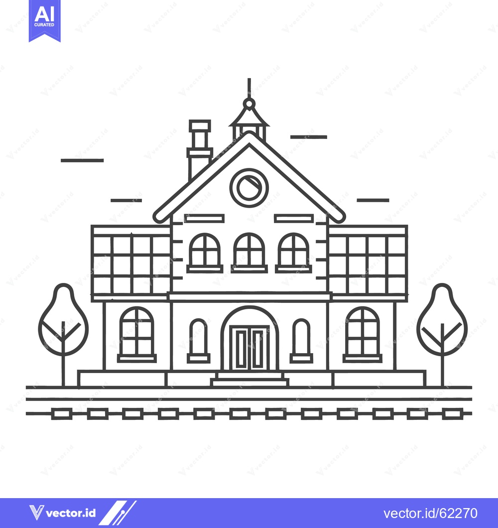 Premium Vector dari A linear illustration depicting a building with railway tracks and tre