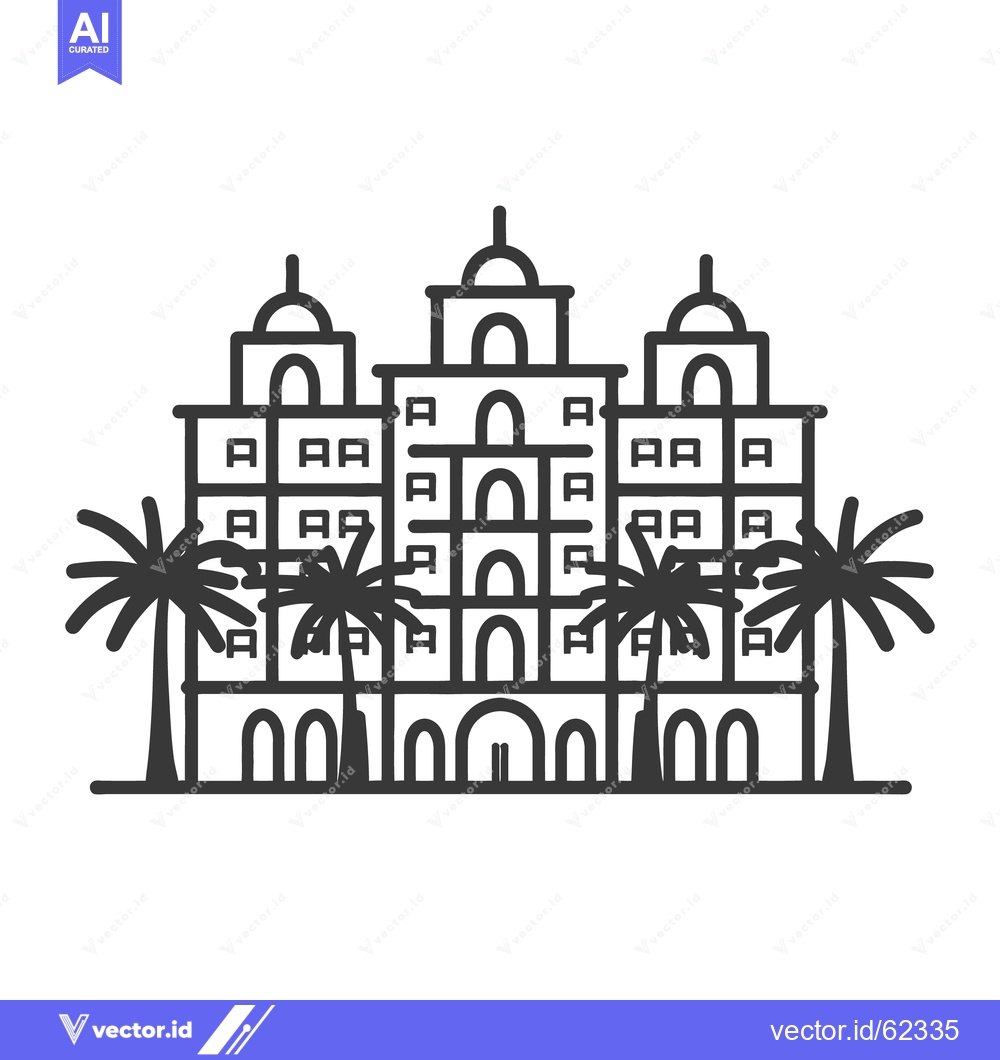 Premium Vector of Detailed black and white illustration of a resort building with palm t