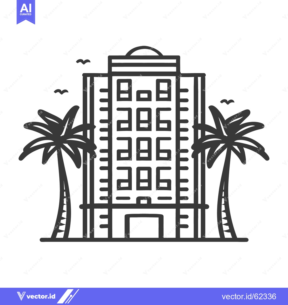 Premium Vector dari A tall building design with palm trees and flying birds present