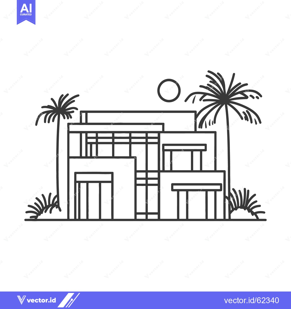 Premium Vector dari Architectural illustration depicting a modern home with palm trees and