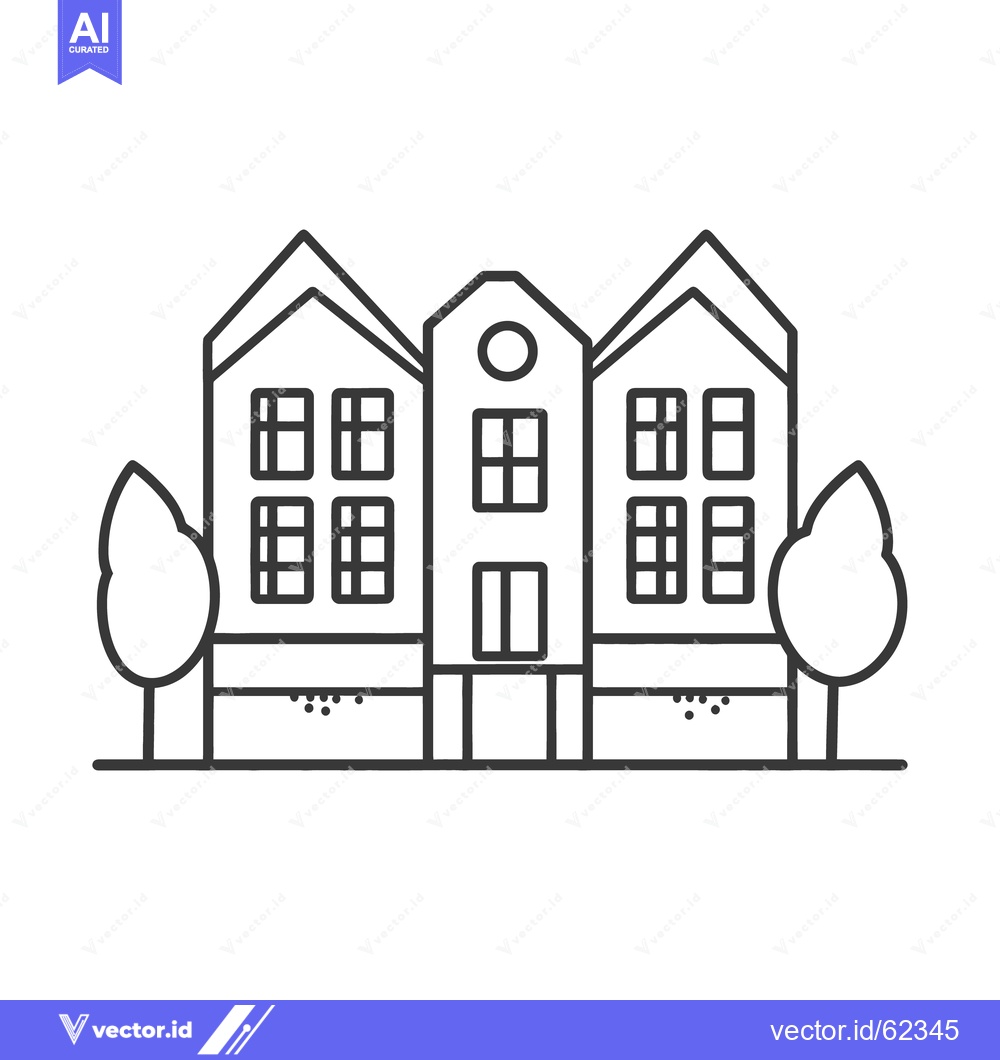 Premium Vector of Three connected buildings and two trees are displayed as a graphic