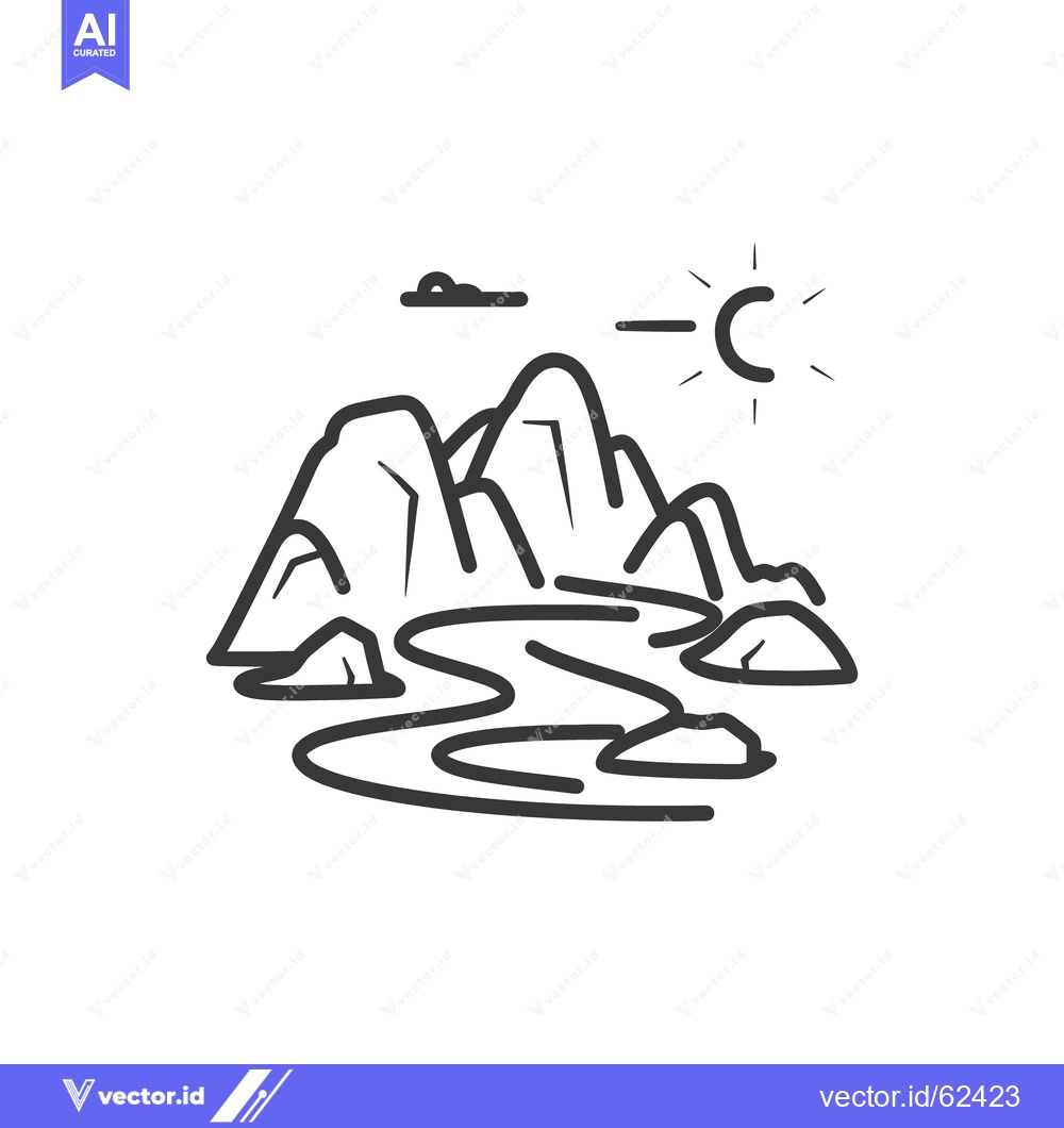 Premium Vector dari A simple black line drawing of mountains with water and sun