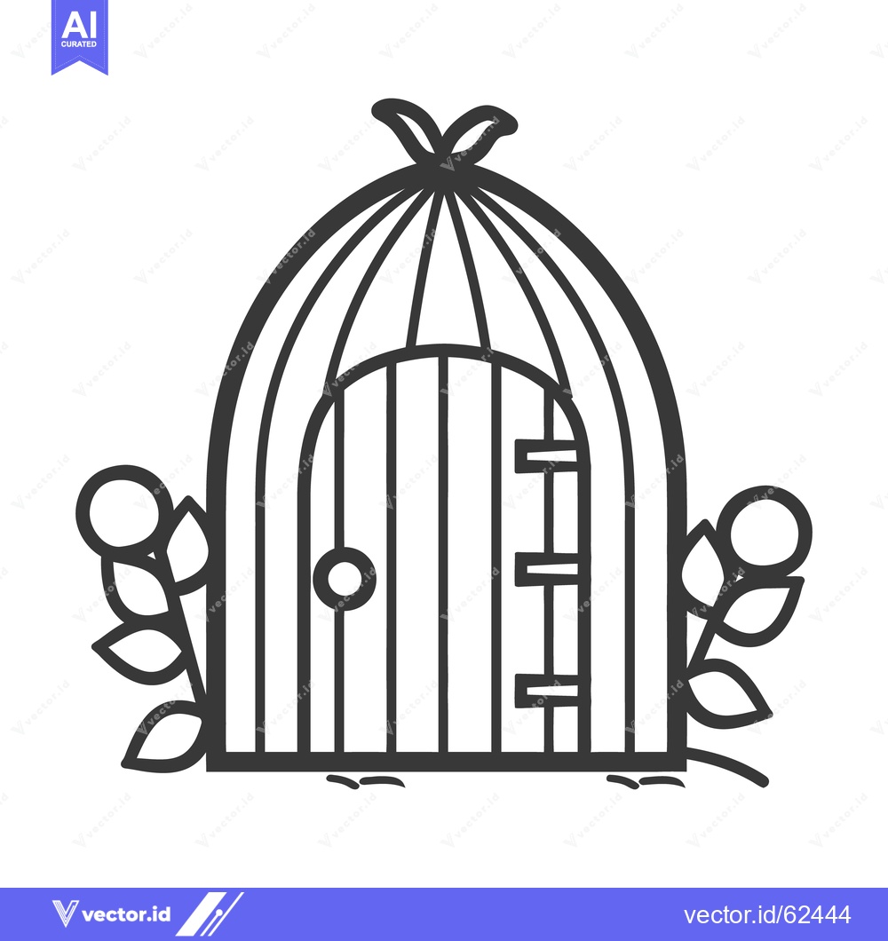 Premium Vector of A stylized illustration of a birdcage with foliage and a door