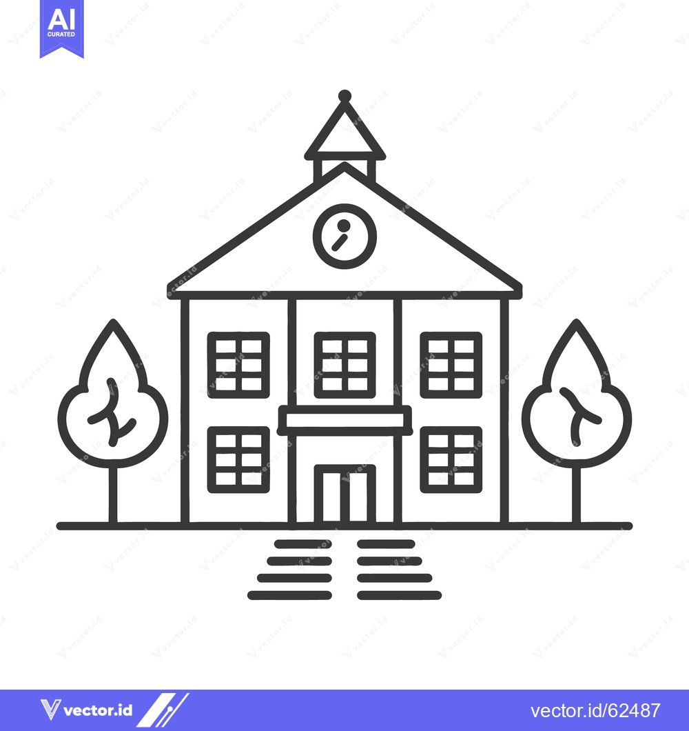 Premium Vector dari Simple line art depicting a building with clock and trees