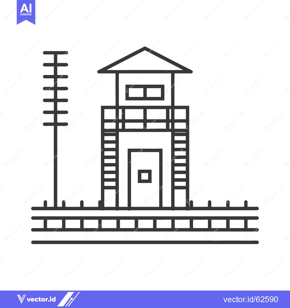 Premium Vector of A linear illustration featuring a watchtower beside railroad tracks
