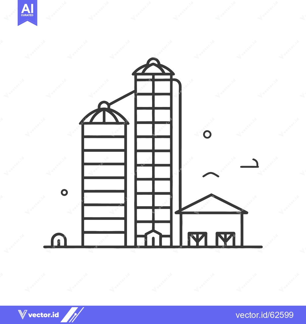 Premium Vector of Black and white illustration depicting a farm with silos and storage
