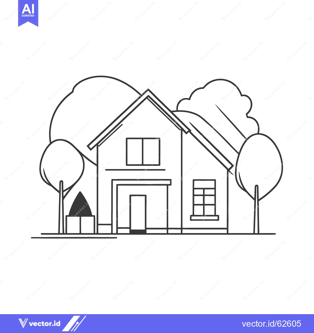 Premium Vector dari A simple black and white drawing of a house and trees