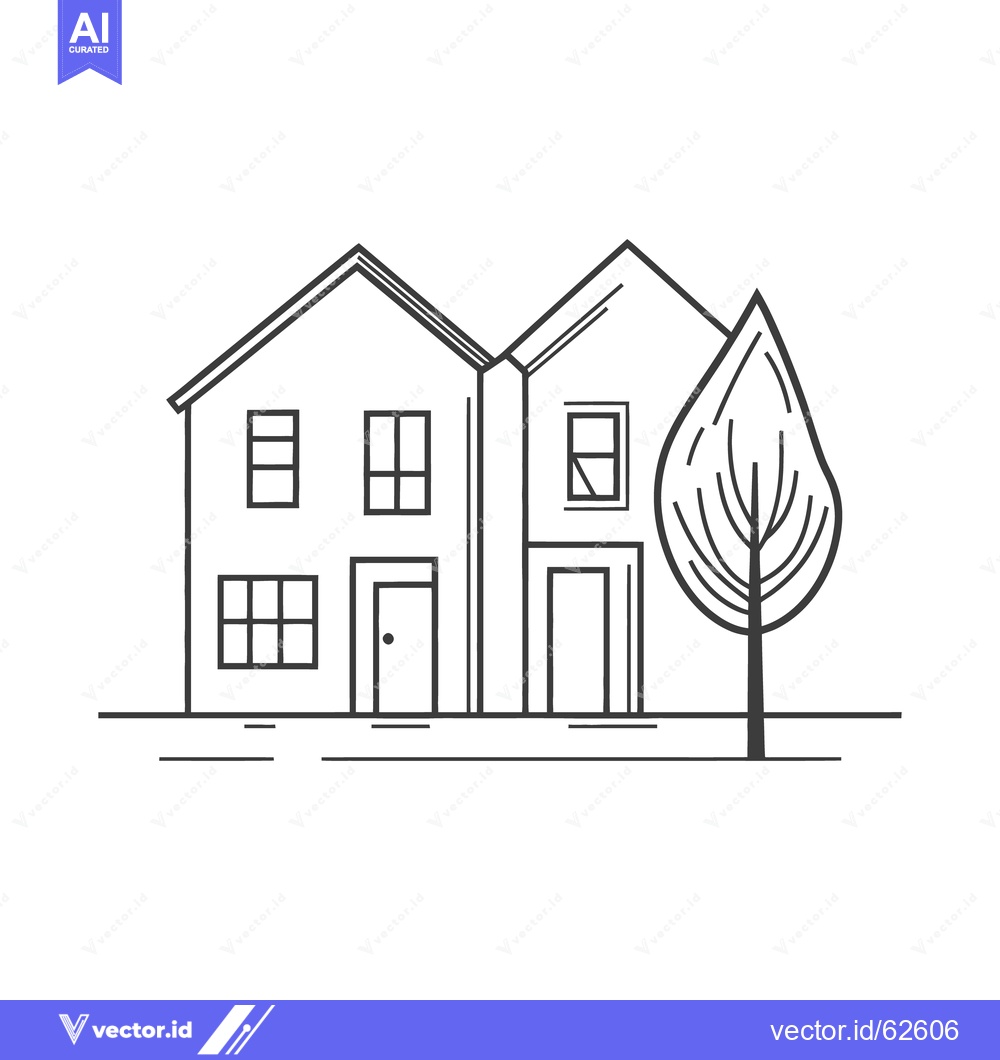 Premium Vector of Simple line art depicts two houses and a single tree