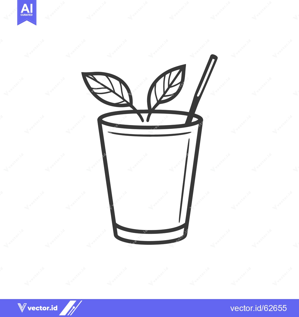 Premium Vector dari Simple black and white illustration of a glass with leaves and straw