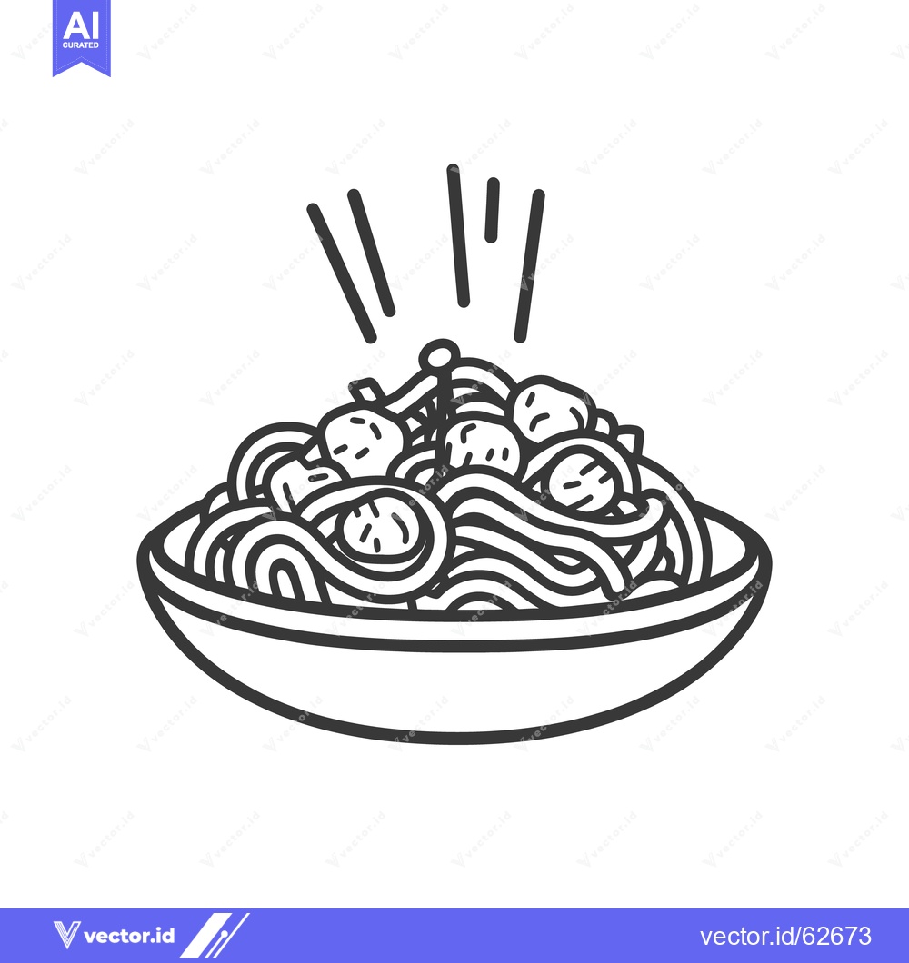 Premium Vector dari A Bowl Filled With Spaghetti and Meatballs in Simple Lines