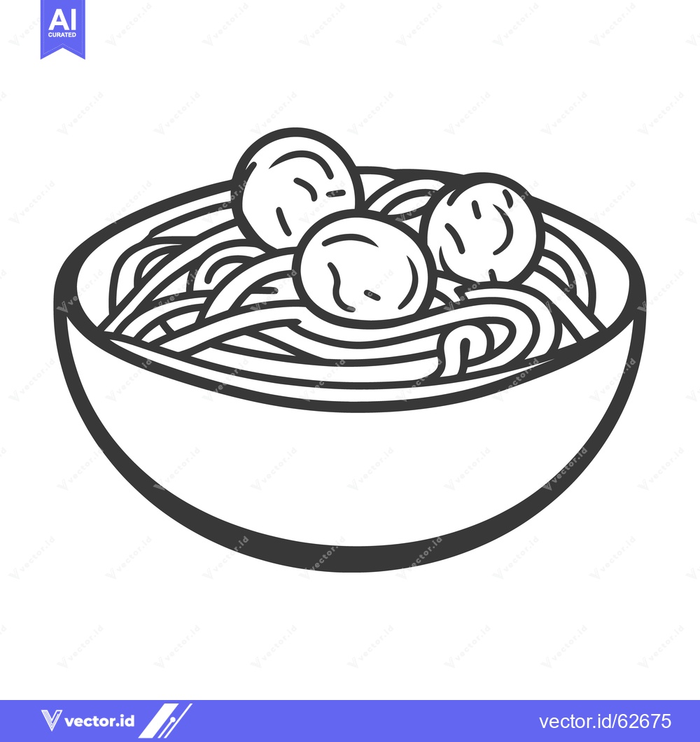 Premium Vector dari A simple line drawing depicting a bowl of pasta and meatballs