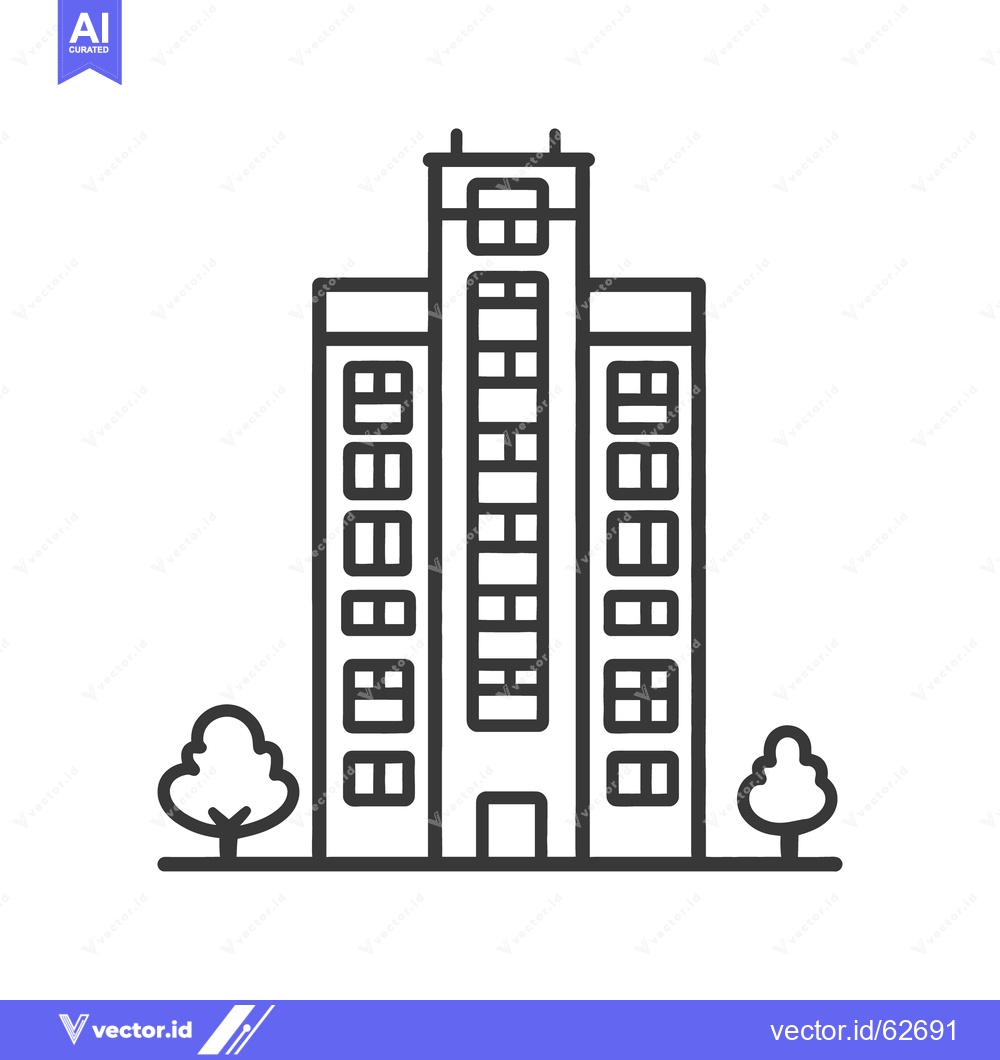 Premium Vector of A monochrome illustration depicting a tall building with trees