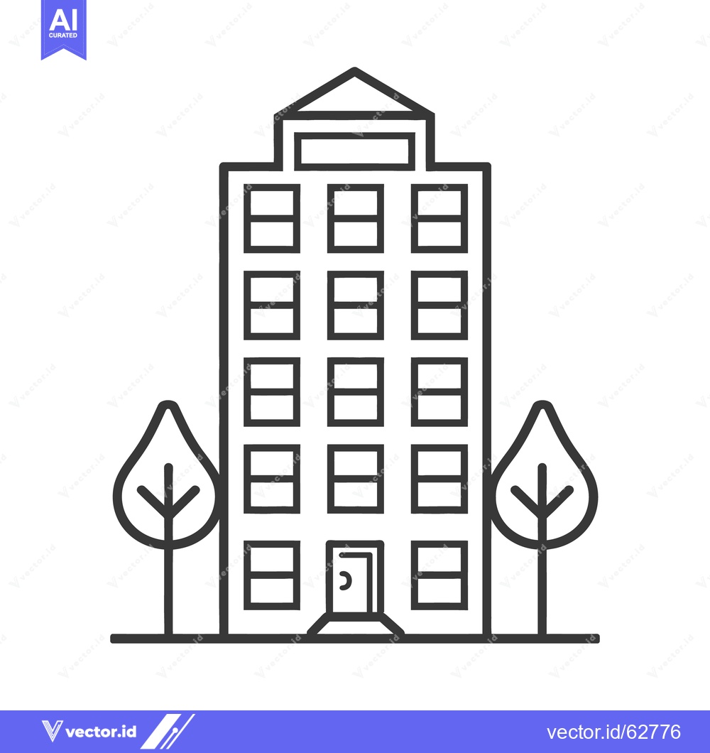 Premium Vector dari A tall modern building is flanked by stylized leafy trees