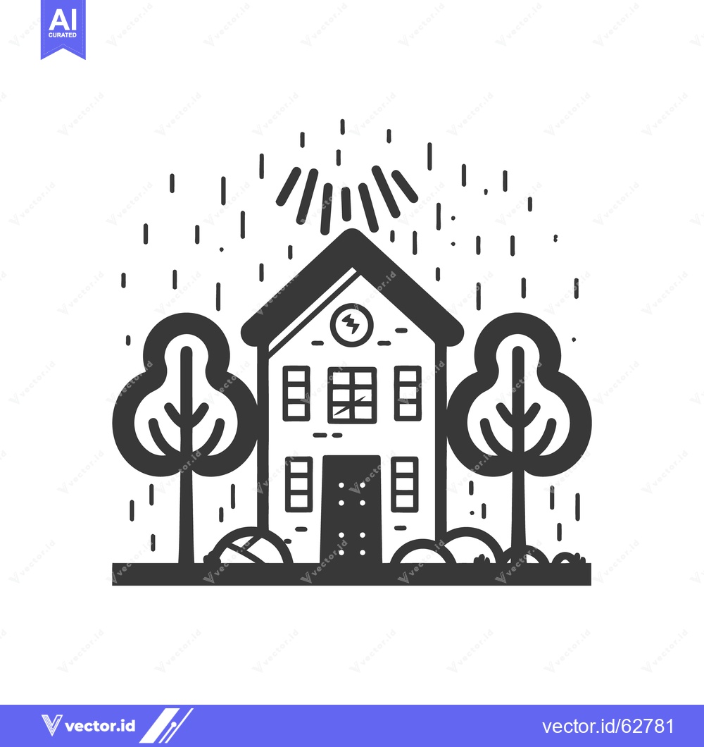 Premium Vector of A house is depicted during a thunderstorm with trees on either side
