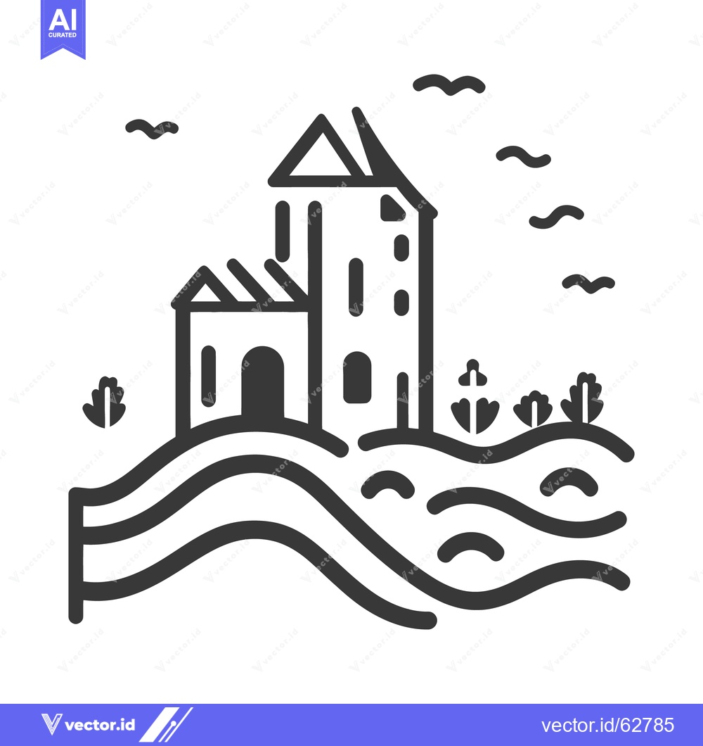 Premium Vector dari A black and white illustration of a building on a hill