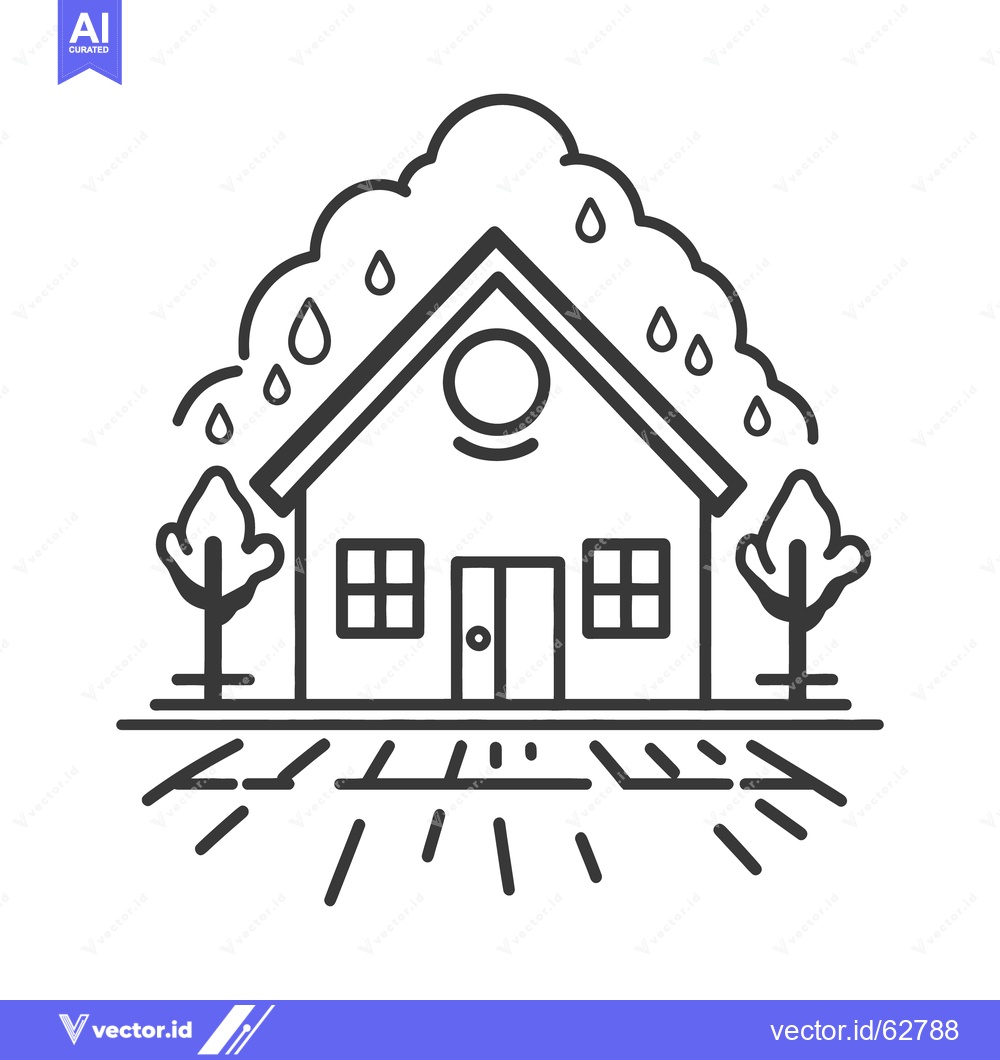 Premium Vector of Simple black and white illustration depicting a house in the rain