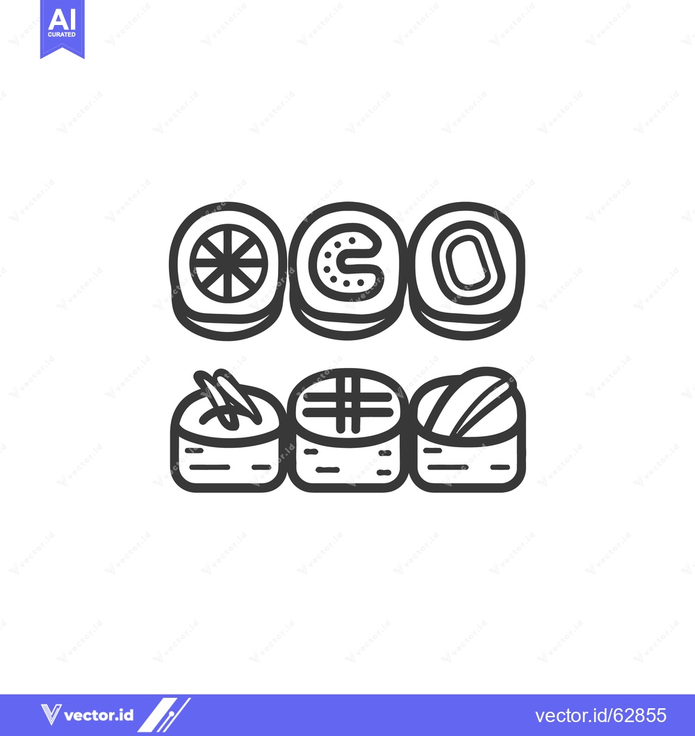 Premium Vector dari Six stylized sushi pieces are displayed on a clean white background