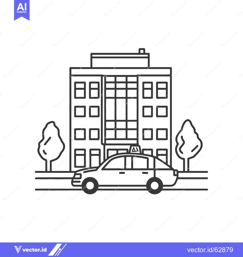 Premium Vector dari A modern building featuring a taxi cab with some trees nearby