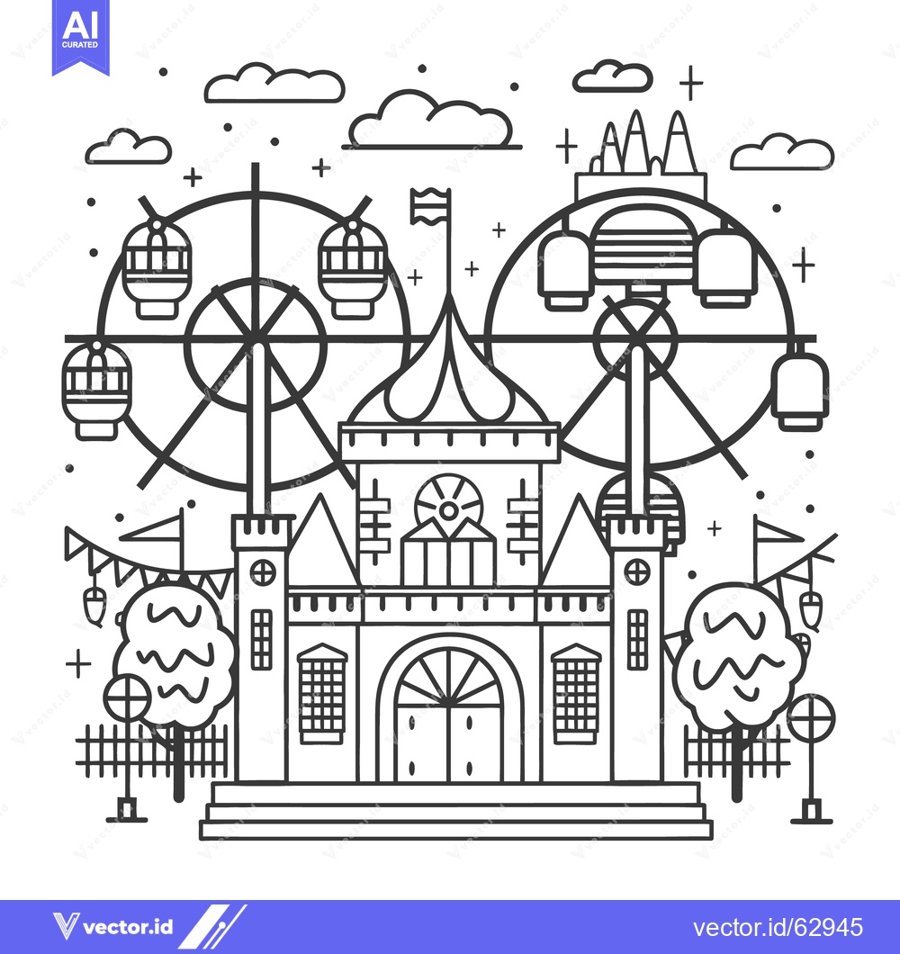 Premium Vector dari Black and white line illustration of a whimsical amusement park scene