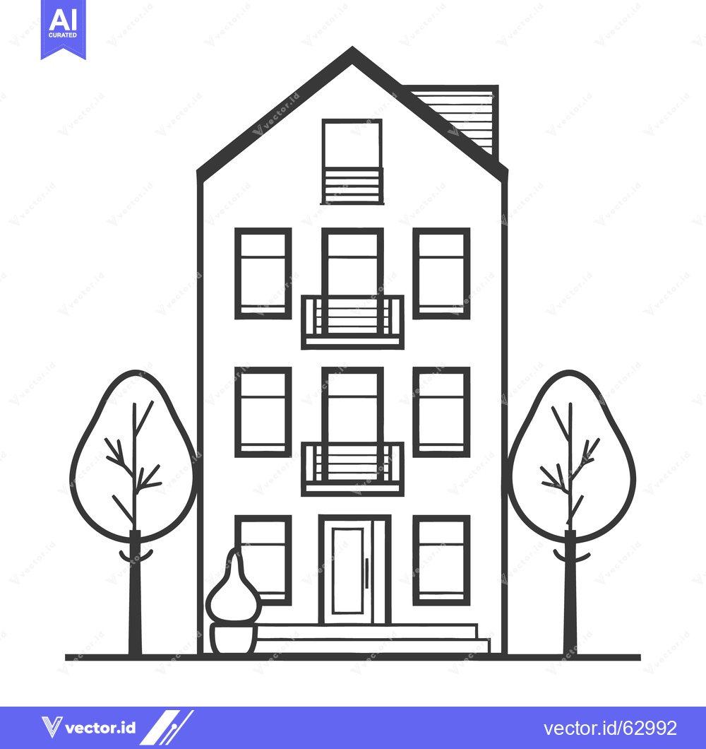 Premium Vector dari A stylized outline depicts a tall apartment building with trees