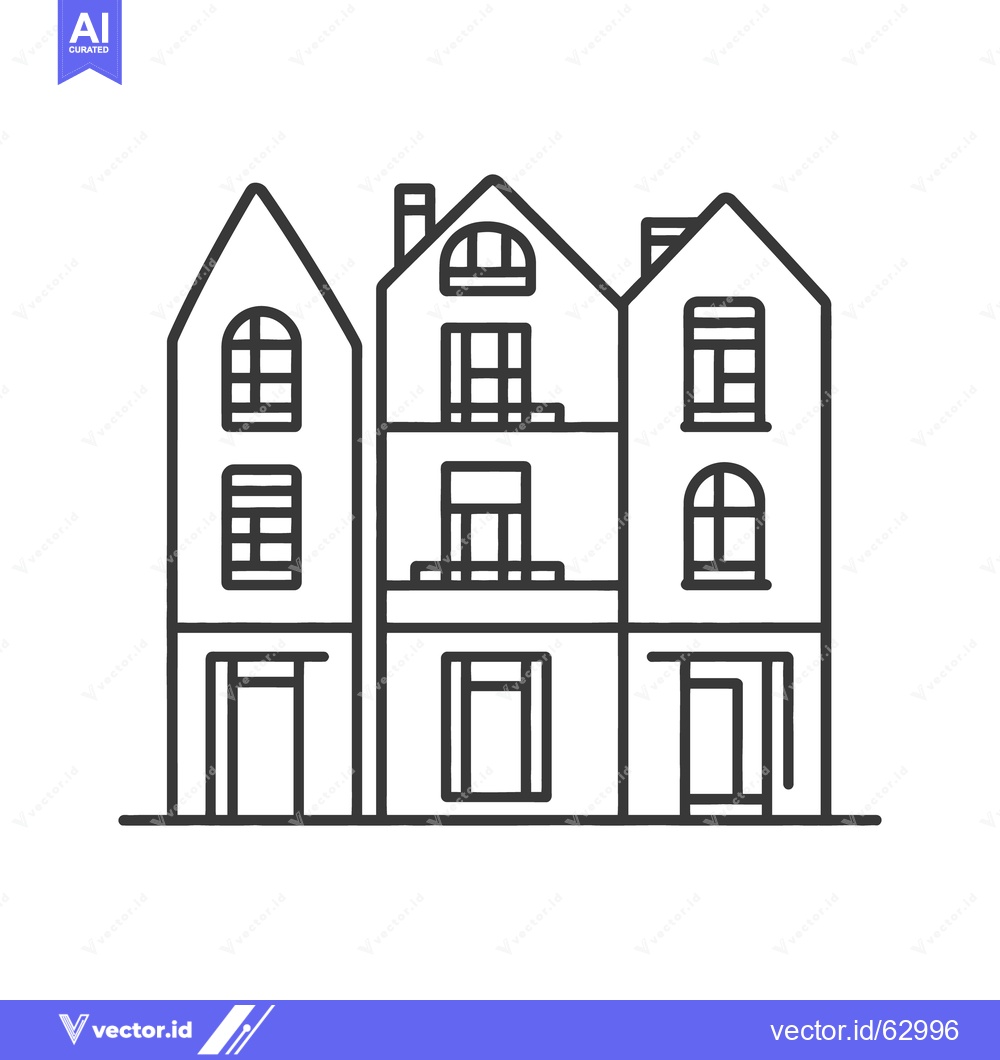 Premium Vector of Three adjacent buildings with windows and doors in a linear style