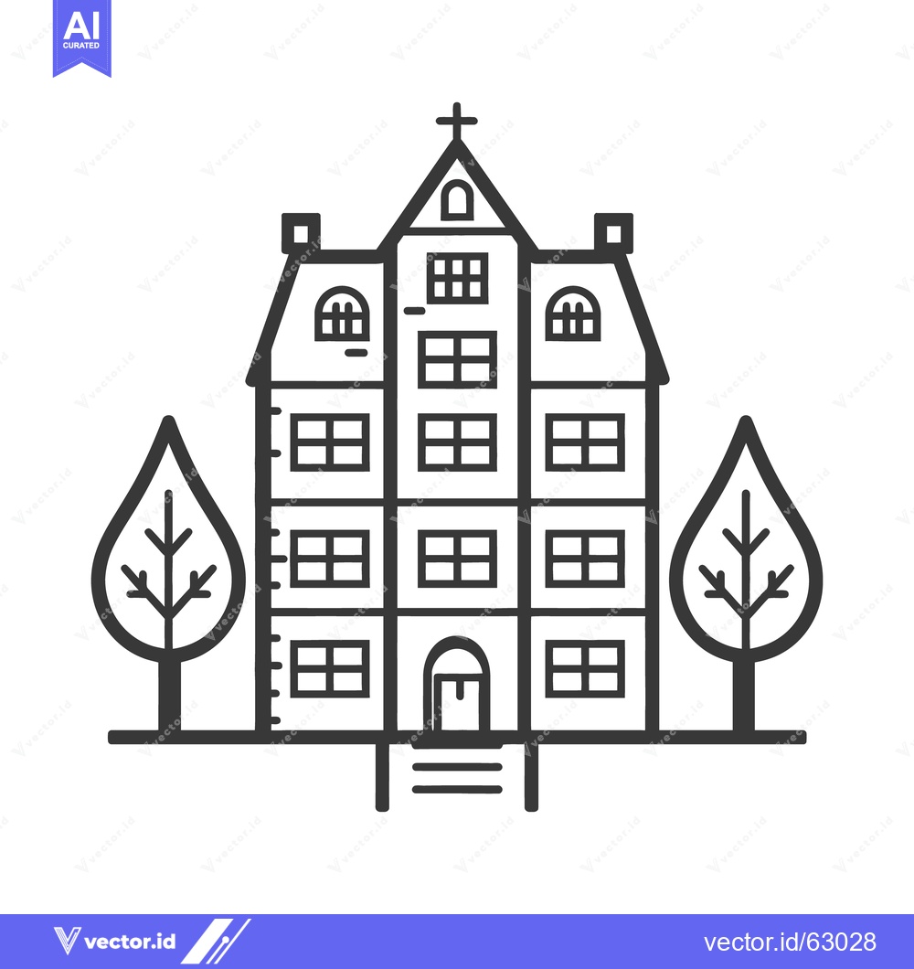 Premium Vector of Detailed line art drawing depicting a large building with trees