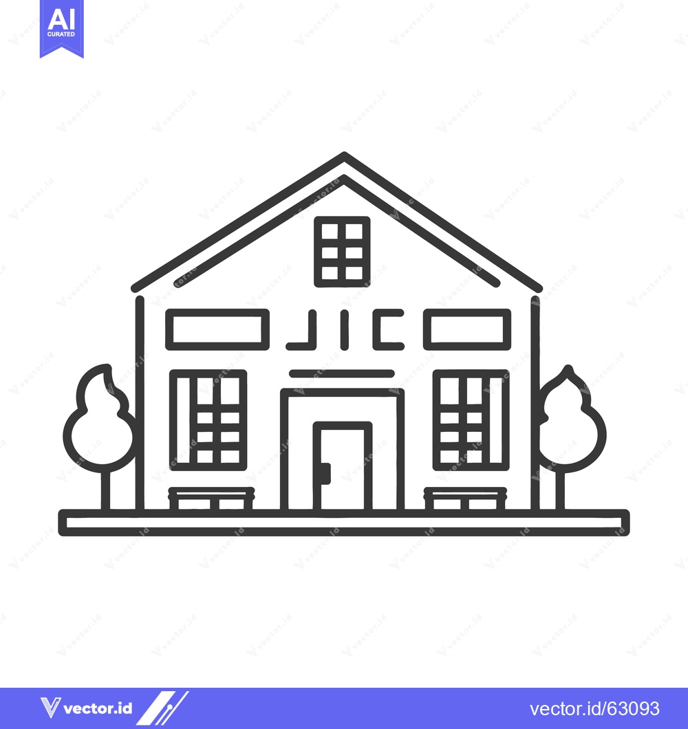 Premium Vector dari Simple linear illustration of a building with trees on each side