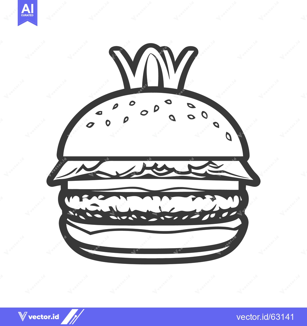 Premium Vector of A single monochrome drawing depicts a layered delicious hamburger
