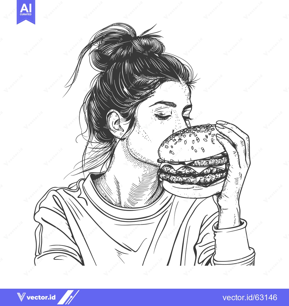 Premium Vector of Young woman enjoying a large burger with eyes closed joyfully