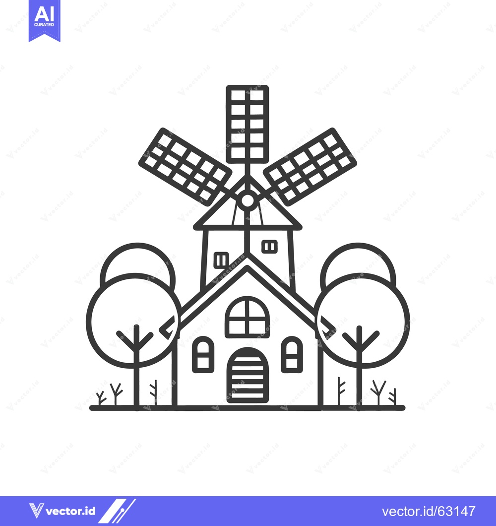 Premium Vector of A simple line drawing of a windmill and farmhouse building