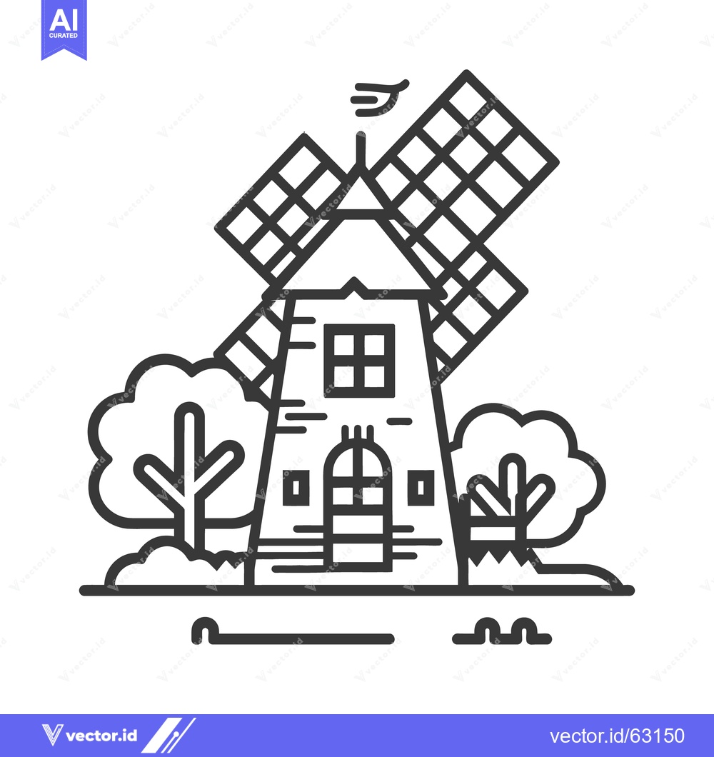 Premium Vector dari Black and white outline illustration of a traditional windmill