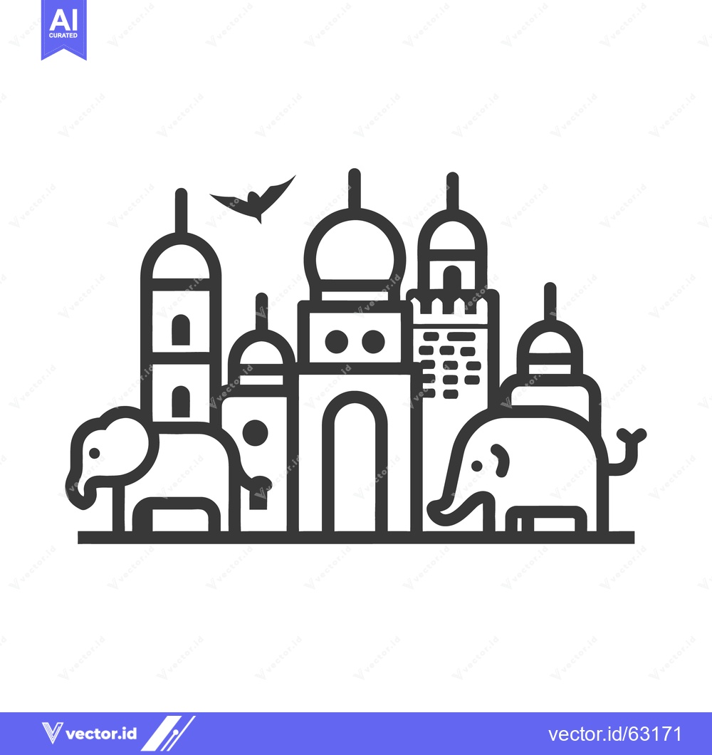 Premium Vector of Outline drawing depicts buildings and elephants against a white backgr
