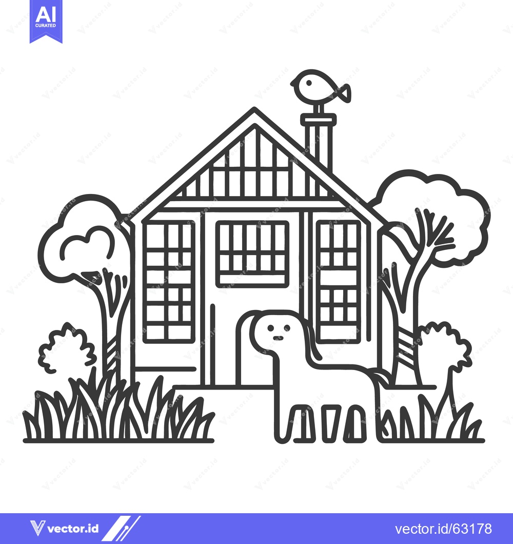 Premium Vector dari A stylized illustration depicts a house with a dog outside