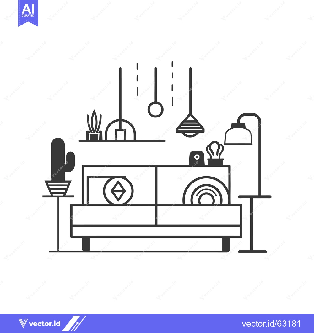 Premium Vector dari Minimalist Line Art Illustration of a Living Room with a Sofa, Plants,