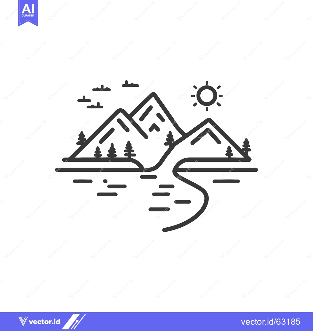 Premium Vector of Minimalist Line Art Illustration of Mountains, River, and Sun