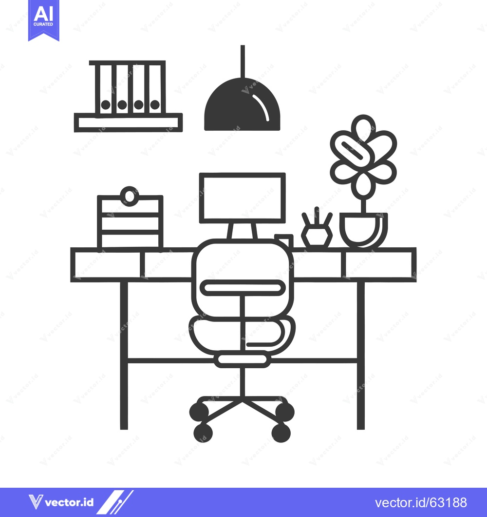 Premium Vector dari Minimalist Line Drawing of an Office Desk with a Chair and Plant