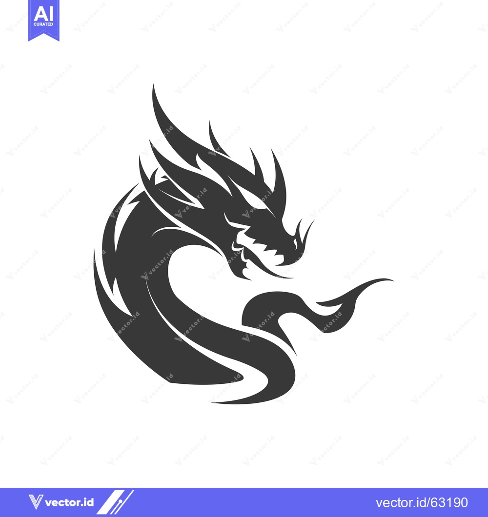 Premium Vector of Black and White Stylized Dragon with Flame Tail