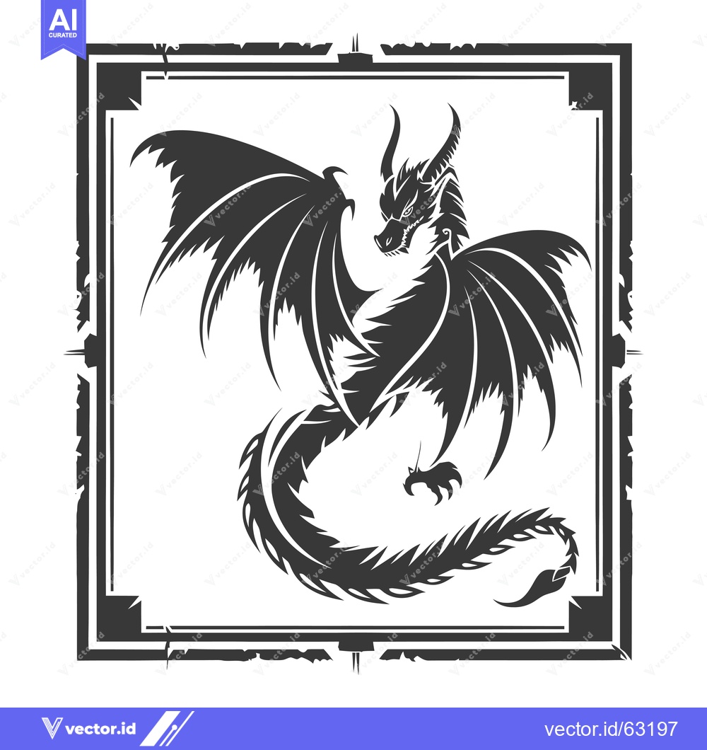 Premium Vector dari Black and White Silhouette of a Dragon in a Square Frame