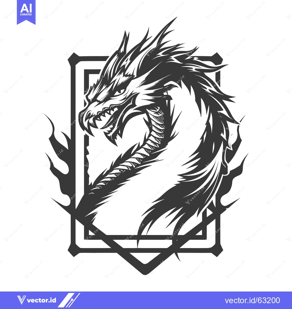 Premium Vector dari A stylized dragon head with sharp teeth inside a geometric frame